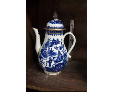 A Worcester first period 'Fisherman Pattern' coffee pot and cover,&nbsp;25.5cm high, (finial replaced). 