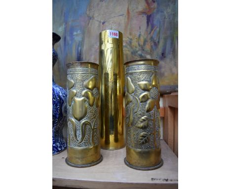 Three brass trench art vases, largest 35cm high.&nbsp; 