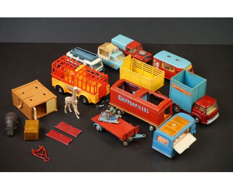 10 Mid 20th C Corgi diecast models, mainly Circus related, includes Chipperfield Circus, Walls Ice Cream Van On Thames etc,  