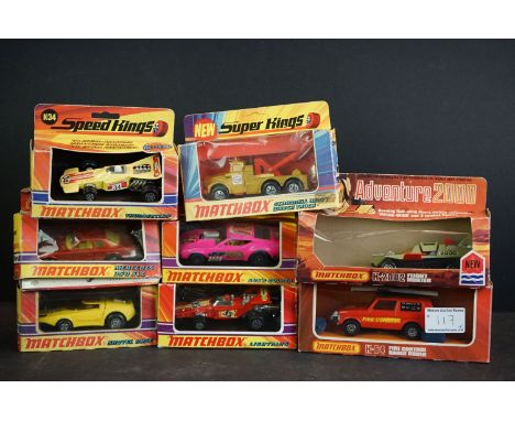 Seven boxed Matchbox Speed Kings diecast models to include K32 Shovel Nose in yellow, K2 Scammell Heavy Wreck Truck, K38 Gus'