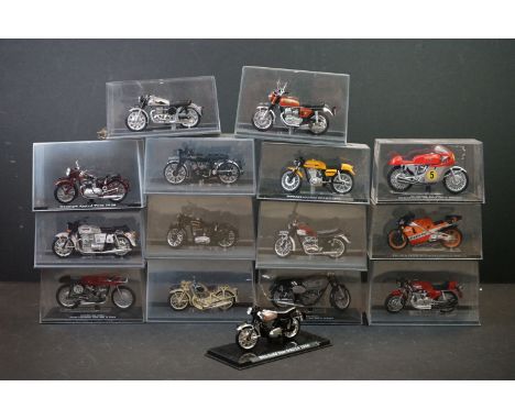 14 Cased diecast model motorbikes to include Italeri, vg 