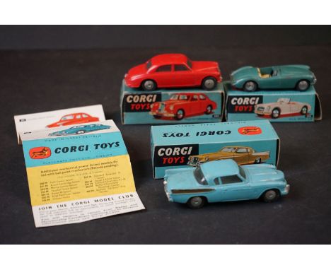 Three boxed Corgi diecast models to include 205 Riley Pathfinder Saloon in red, 211 Studbaker Golden Hawk in blue and 302 MGA