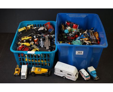 Quantity of circa 1970s onwards play worn diecast models to include Matchbox, Corgi, Burago etc (two boxes) 