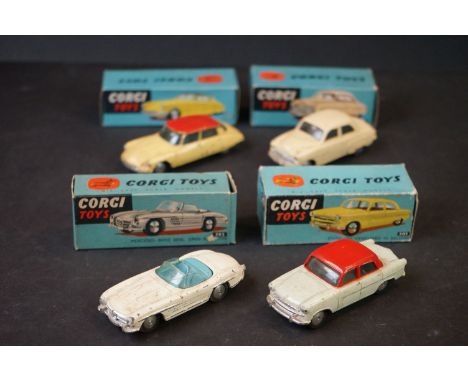 Four boxed Corgi diecast models to include 203 Vauxhall Velox Saloon in cream, 303 Mercedes Benz 300SL Open Roadster in white