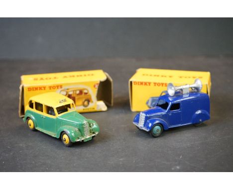 Two boxed Dinky diecast models to include 492 Loud Speaker Van in blue and 254 Austin Taxi in two tone green/yellow (damaged/