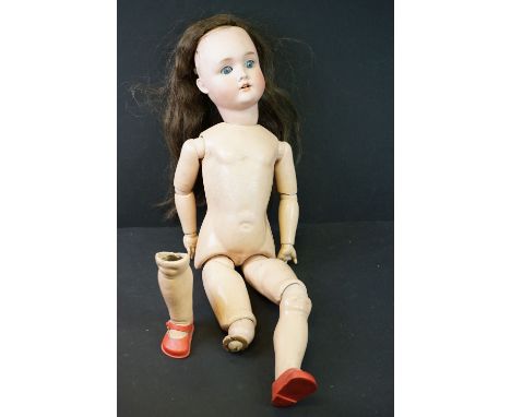 Viola (Germany) bisque headed doll with sleeping blue glass eyes, teeth, damage to leg and hair loose from head, composition 