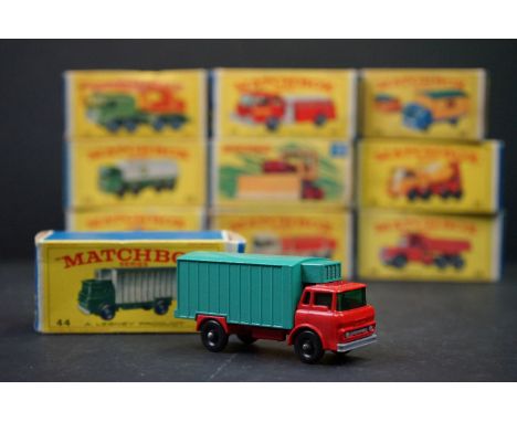 10 Boxed Matchbox 75 Series diecast models to include 32 Leyland BP Petrol Tanker, 30 8 Wheel Crane, 44 Refrigerator Truck, 1
