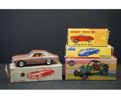 Four boxed diecast models to include Dinky 112 Austin Healey Sprite in red (paint chips), 2 x Solido (129 Ferrari 2 LS in red