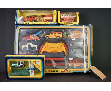 Four boxed Corgi diecast models and sets to include 48 Circus Set (complete), 47 Pony Club, 49 Flying Club and 469 Routemaste