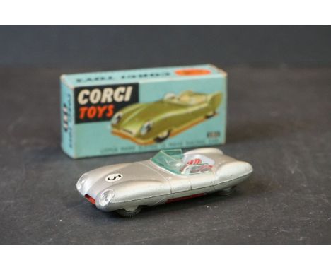 Boxed Corgi 151 Lotus Mark Eleven Le Mans Racing Car in silver with red seats, gd windscreen, race number 3 decal ex, diecats