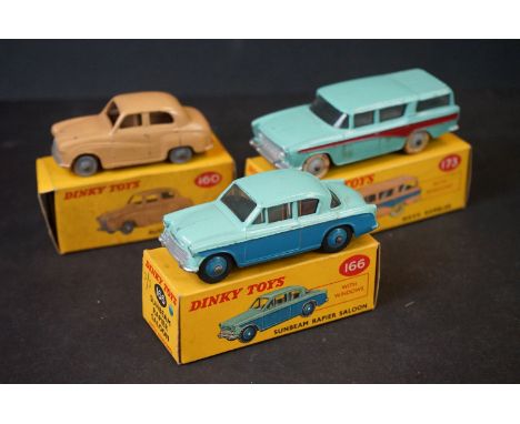 Three boxed Corgi diecast model to include 160 Austin A30 Saloon in beige, 166 Sunbeam Rapier Slaoon in turquoise and 173 Nas