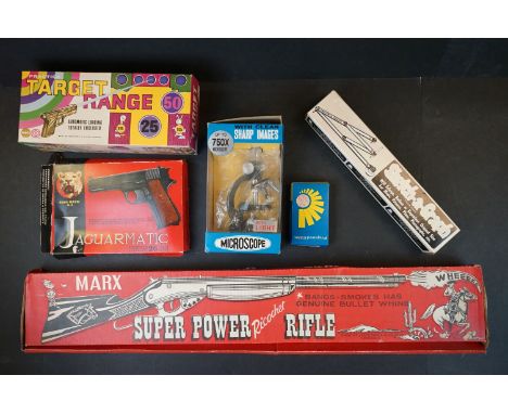 Six boxed vintage toys to include Marx 852 Target Range, Marx Super Power Ricochet Rifle, Italian Jaguarmatic plastic handgun