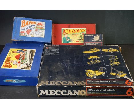 Collection of boxed building construction toys to include Meccano Set 6, Meccano No 1 Clockwork Motor, Meccano Accessory Outf