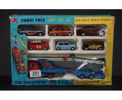 Boxed Corgi Gift Set No 48 Car Transporter with 6 cars, complete with all models, diecast appears excellent, box showing wind