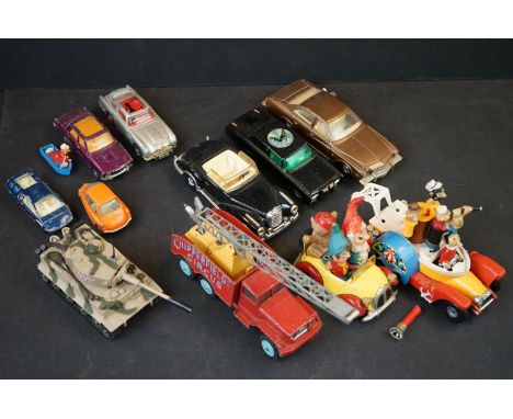 Tray of 11 Corgi Loose Playworn Diecast Vehicles including Popeye Paddle Wagon, Noddy's Car, The Green Hornet's Black Beauty,