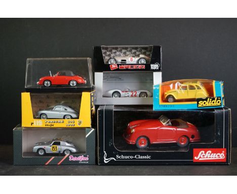 Seven boxed diecast models to include Schuco 01370 Examico Porsche in red, 4 x Brumm, Solido &amp; Detail Cars Titanium, diec