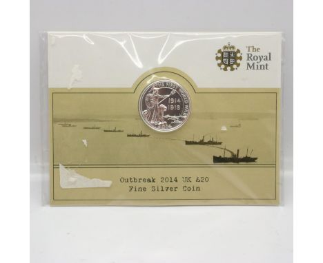 2014 silver bullion £20 coin, Outbreak of WWI centenary. UK P&amp;P Group 0 (£6+VAT for the first lot and £1+VAT for subseque