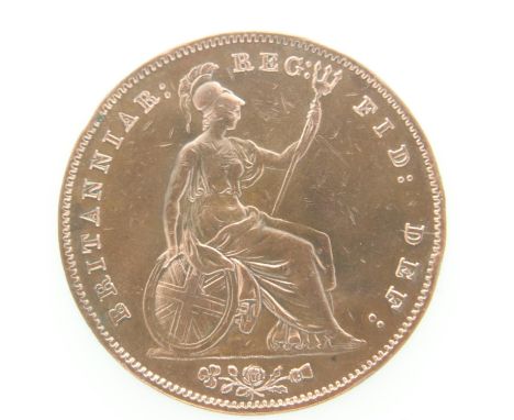 1858 penny of Queen Victoria - VF grade, scratches. UK P&amp;P Group 0 (£6+VAT for the first lot and £1+VAT for subsequent lo