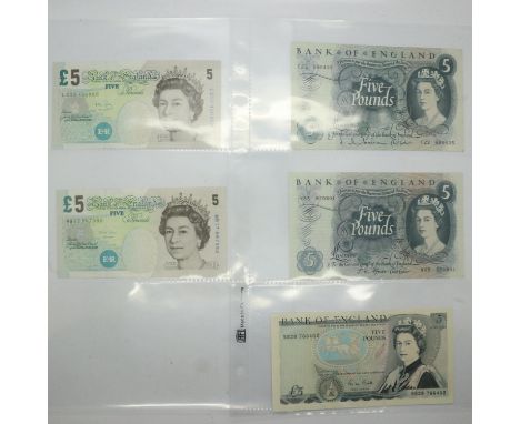 Five, 5 pound notes with mixed cashiers. UK P&amp;P Group 1 (£16+VAT for the first lot and £2+VAT for subsequent lots) 