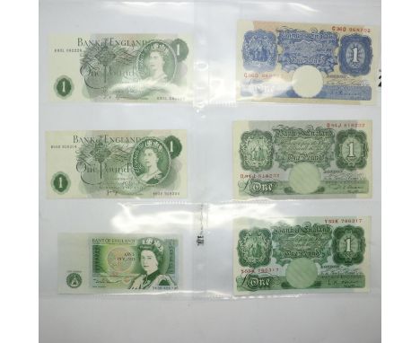 Six, 1 pound notes, including Peppiatt Pinil/Bule issue. UK P&amp;P Group 1 (£16+VAT for the first lot and £2+VAT for subsequ