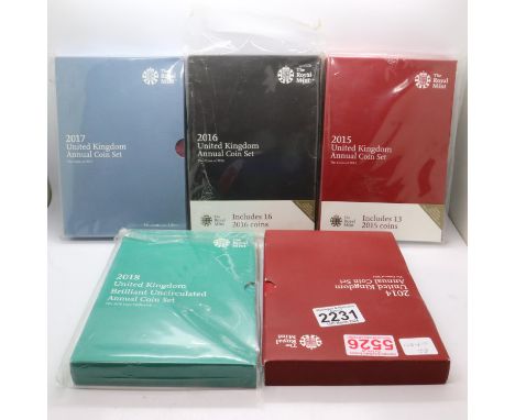 Five Royal Mint UK annual sets, uncirculated condition. UK P&amp;P Group 1 (£16+VAT for the first lot and £2+VAT for subseque