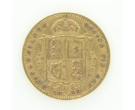1892 gold shield-back half sovereign of Queen Victoria. UK P&amp;P Group 0 (£6+VAT for the first lot and £1+VAT for subsequen