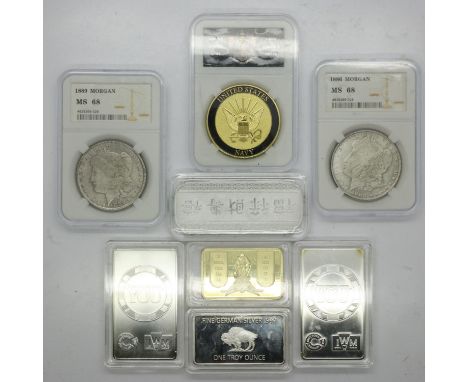 Mixed replica world coins, slabbed, with fantasy bar specimens. UK P&amp;P Group 1 (£16+VAT for the first lot and £2+VAT for 