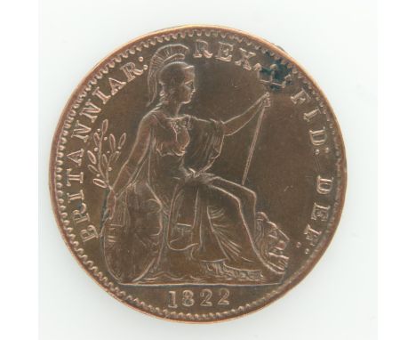 1822 - Copper Farthing of George IV - nEF grade, some scratches. UK P&amp;P Group 0 (£6+VAT for the first lot and £1+VAT for 