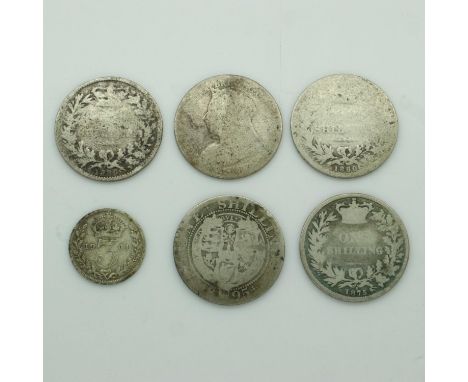 UK silver pre-1920 silver shillings - Poor condition. UK P&amp;P Group 0 (£6+VAT for the first lot and £1+VAT for subsequent 