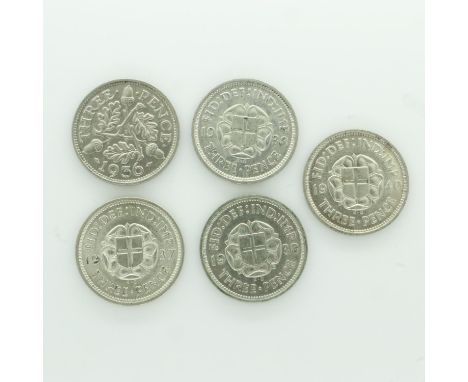 Five silver threepences of George V and George VI - good circulated conditions. UK P&amp;P Group 0 (£6+VAT for the first lot 