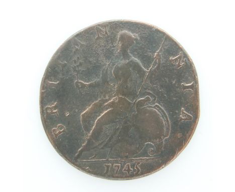 1745 - Copper halfpenny of King George III - aVF; scratches. UK P&amp;P Group 0 (£6+VAT for the first lot and £1+VAT for subs