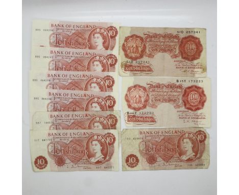 Nine ten shilling notes, four are sequential. UK P&amp;P Group 1 (£16+VAT for the first lot and £2+VAT for subsequent lots) 