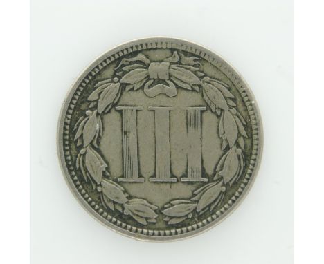 1865 - Silver 3 Cents of Colonial USA - nVF grade. UK P&amp;P Group 0 (£6+VAT for the first lot and £1+VAT for subsequent lot