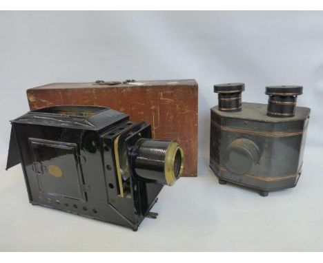 A Newton and Co. cased magic lantern and a radioptical light.