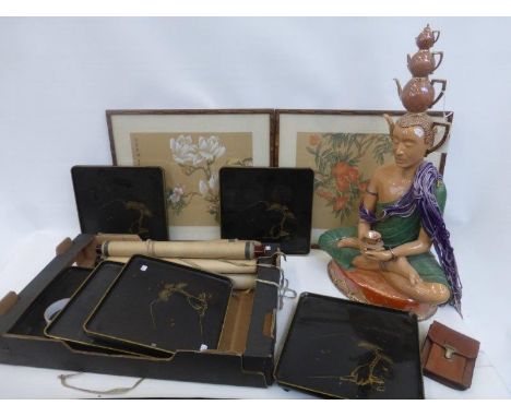 A collection containing oriental painted scrolls, two signed, framed and glazed Chinese watercolours, and a set of six lacque