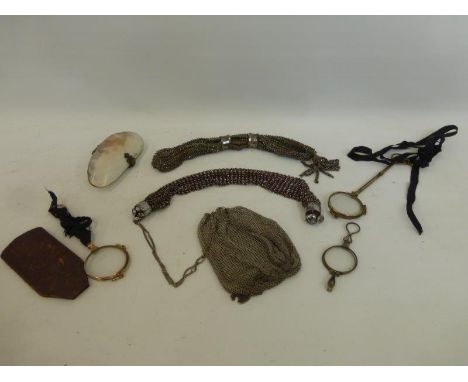 An assortment of lady's evening purses including chain mail, a shell cased purse and three pairs of lorgnette opera/reading g