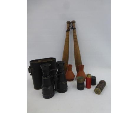 A pair of Edwardian ladies' wooden buttons, a Weston-Super-Mare post office stamp, a pair of binoculars and a pair of miniatu