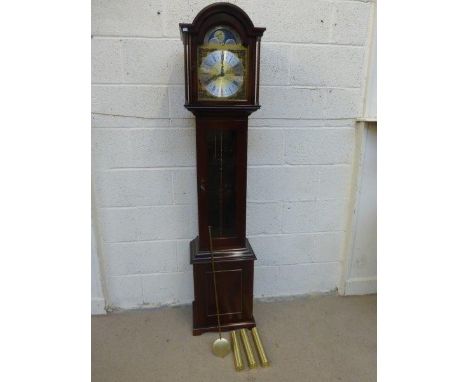 A contemporary mahogany longcase clock with arched moon phase dial inscribed Richard Broad, Bodmin, Cornwall.