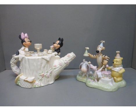 A Lenox Walt Disney showcase "Pooh's Very Special Birthday" group and a Lenox ceramic Disney Mickey and Minnie teapot (both b