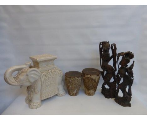 Two African knee drums with stretched hide, two well carved coromandel figures of Asian ladies and a ceramic plant stand in t