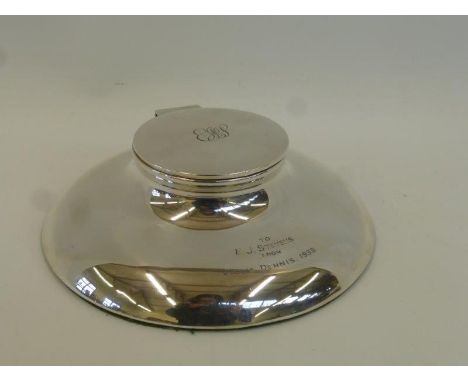 A large silver capstan inkwell with inscription. Maker - Charles Boyton and Son Ltd, London 1920.