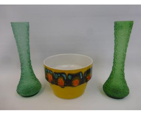 A Poole Pottery ceramic plant pot and a pair of Edwardian glass vases.