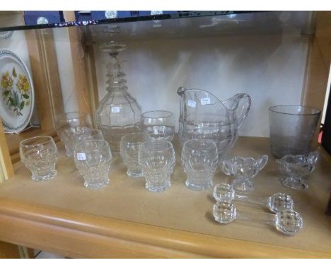 A ring neck glass decanter and six glasses also a matching water jug and two glasses etc.