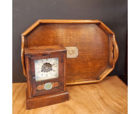 Late Victorian oak octagonal gallery tray, with handle cut outs, inset with plated plaque, 52cm x 38cm and a 19th Century Ame