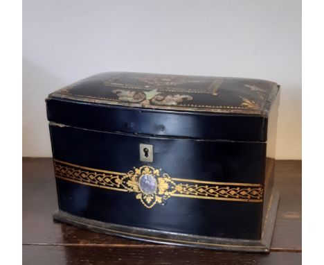 19th Century inlaid papier mache bowfronted tea caddy by Jennens &amp; Bettridge, 20cm wide x 12cm deep x 12cm high (damaged)