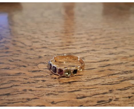 Victorian 15ct gold multi gem set ring, size L/M, one stone missing