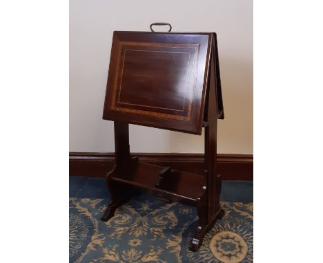 Edwardian satinwood banded and inlaid mahogany magazine stand, the book trough base with slide, 43cm x 29cm x 80cm high, Pate