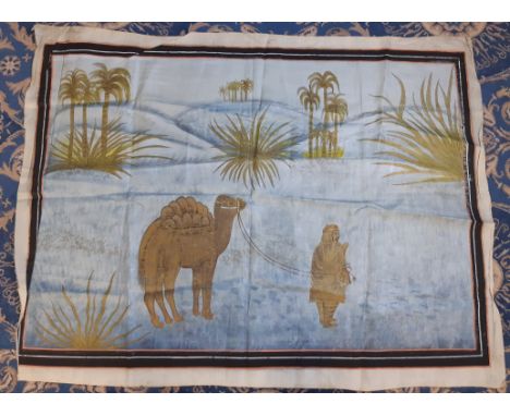 Unusual early 20th Century Indonesian gouache on silk, Middle Eastern figure and camel in desert, 81cm x 110cm, good overall 