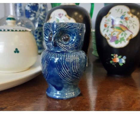 Poole pottery honey jar and cover, 10cm high, No. 288, ditto plate 26cm diameter, Harris blue glazed pottery Owl cream jug (d