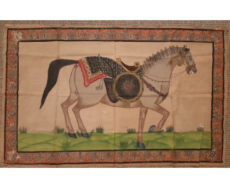 Early 20th Century Indonesian gouache on silk, Study of a War / Hunting horse, 72cm x 116cm, slight wear, good overall condit